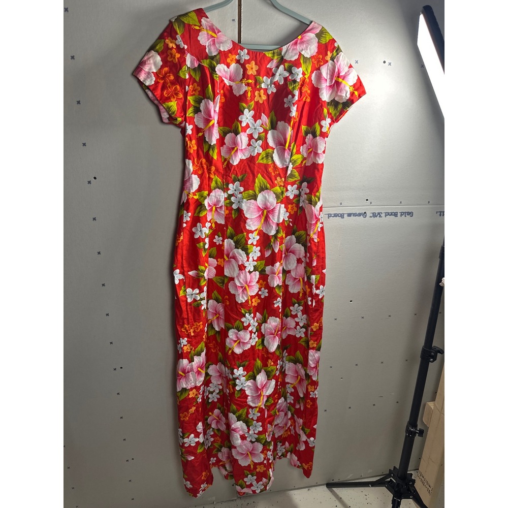 Vintage Ui-Maikai Hawaiian Muumuu Dress Red Hibiscus Floral Cotton Maxi 57L